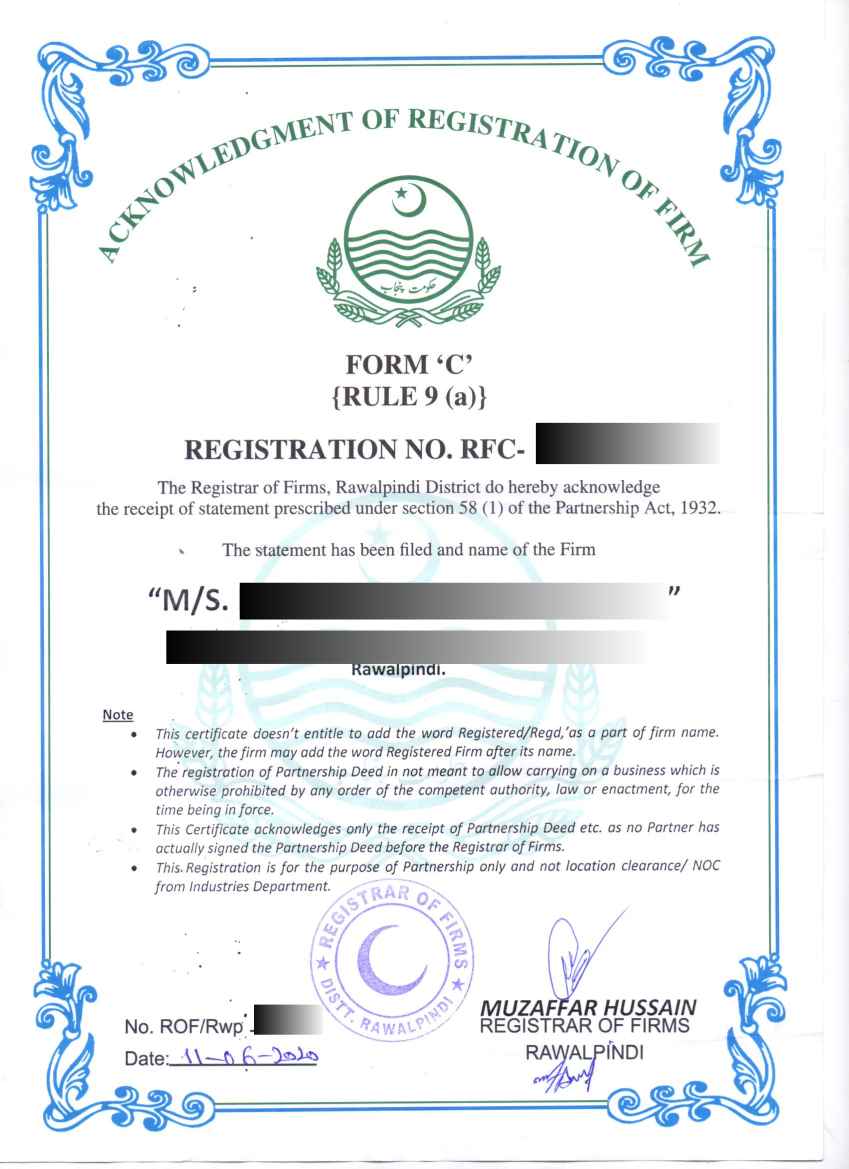 Acknowledge of registration of firm -Form C or Form H