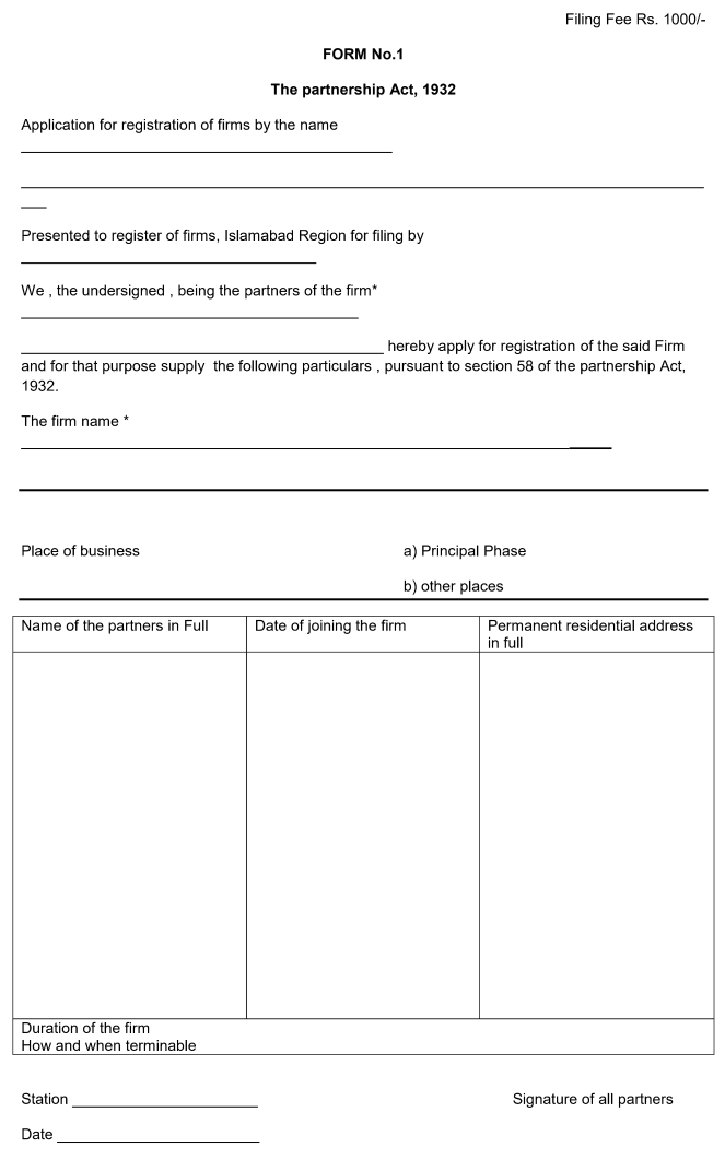 Form-1 Application for Registration of Firms Under Partnership Act 1932