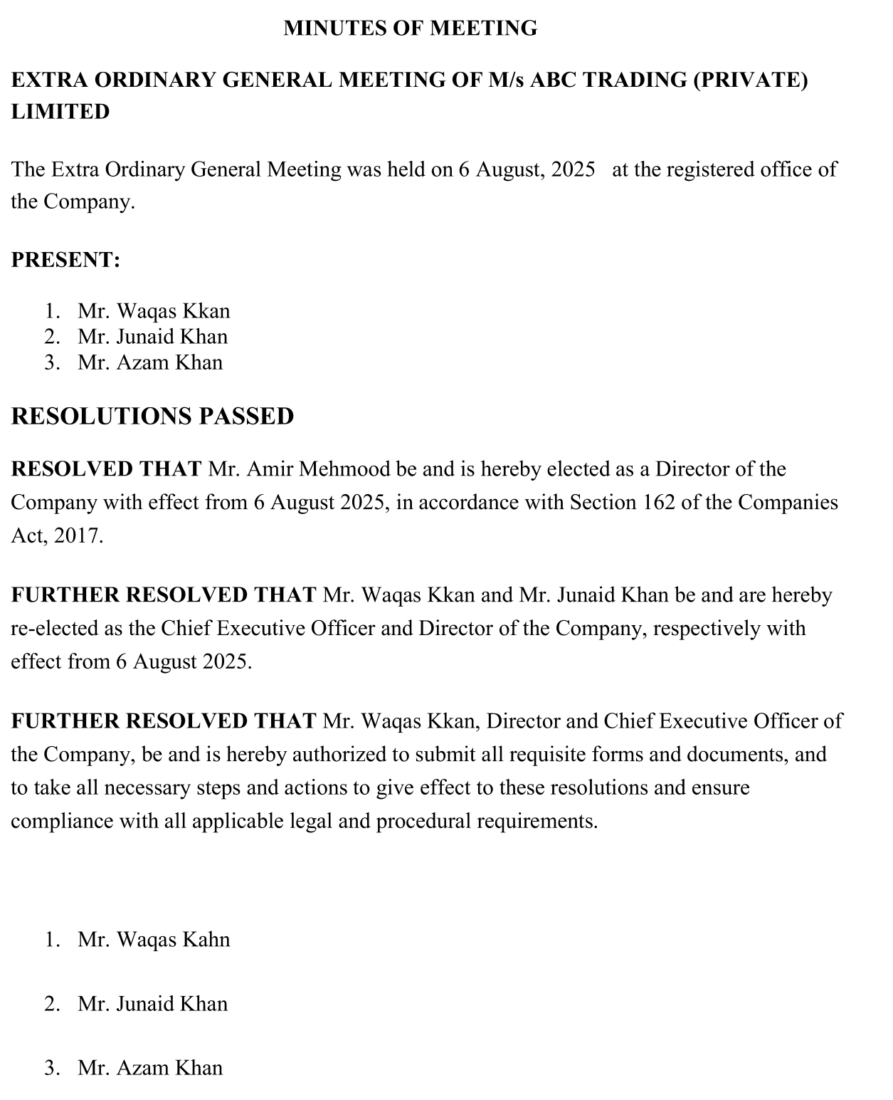 Minutes of Board resolution of Fresh Election