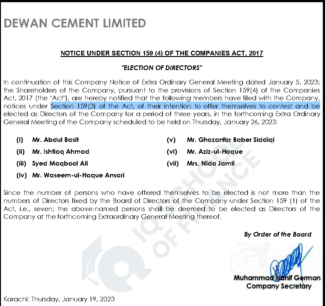 notice under section 159 of the companies act 2017 for election of directors