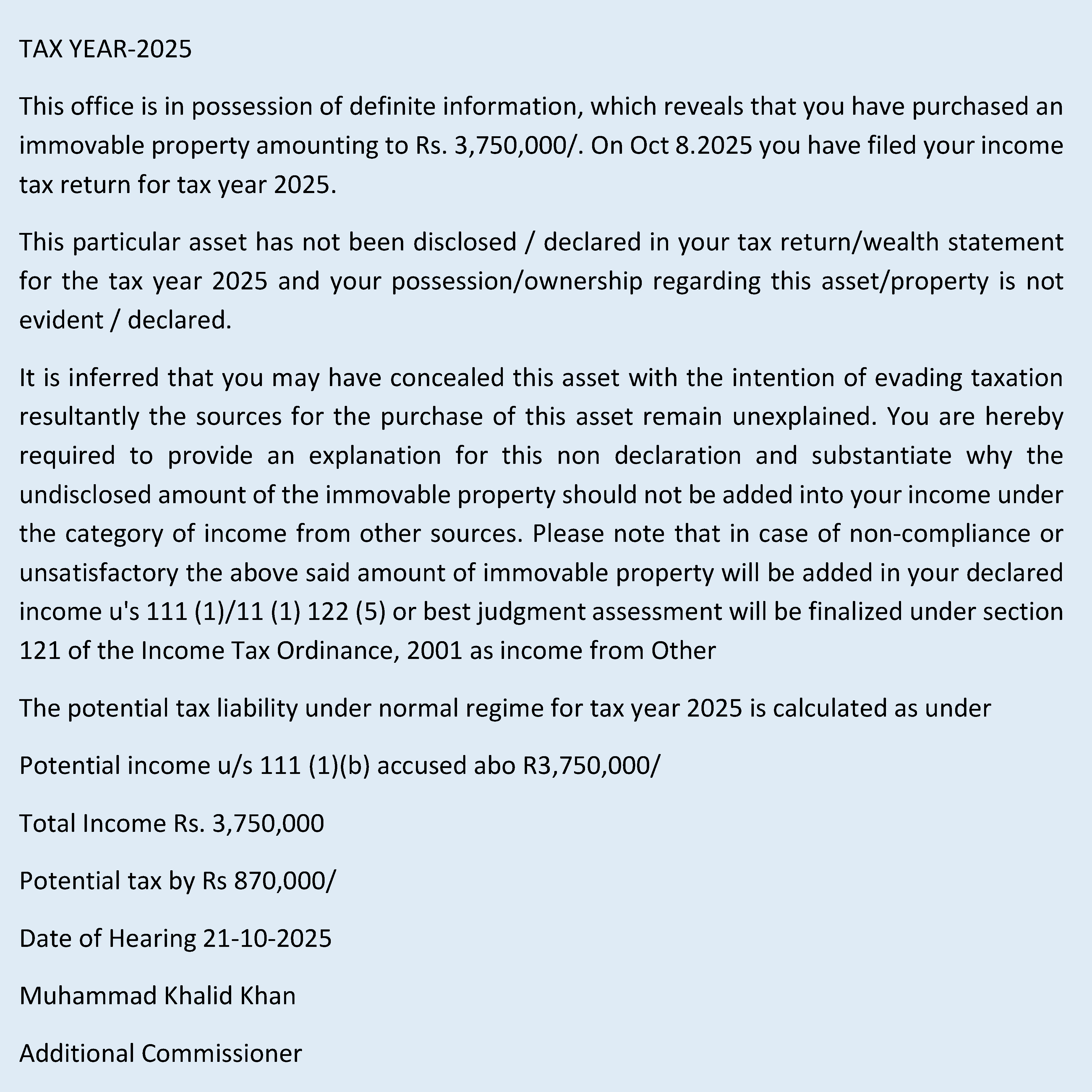 show cuase notice under section 111 Unexplained income or assets