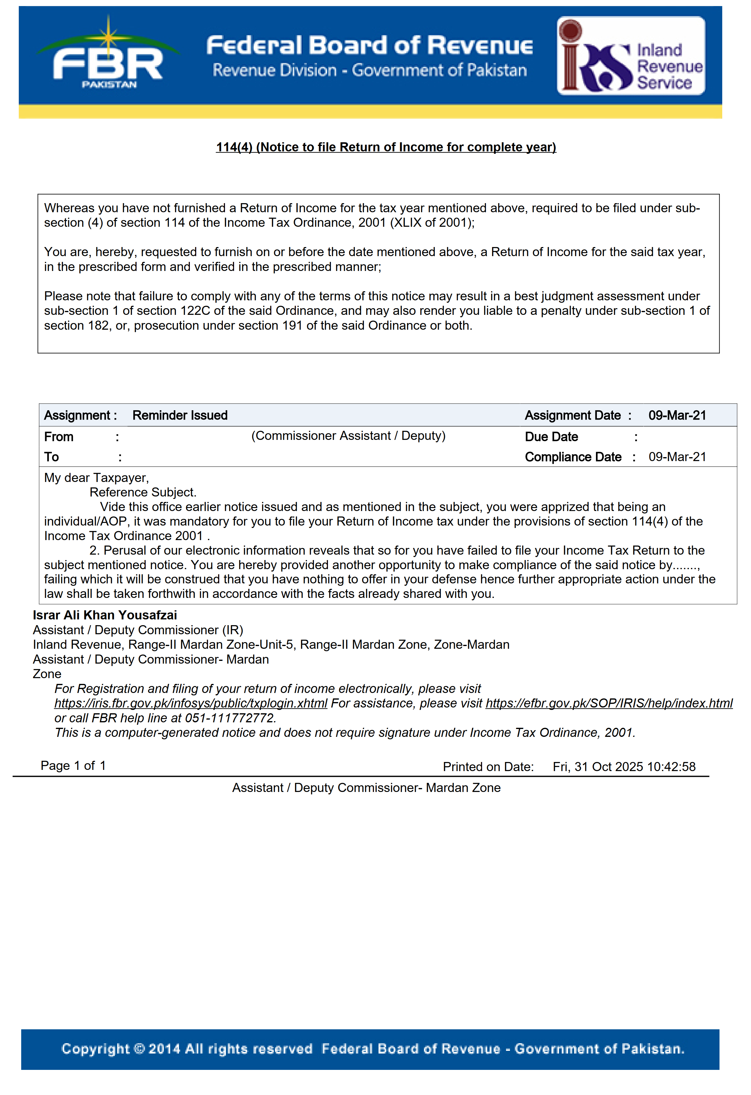 114(4) (Notice to file Return of Income for complete year)