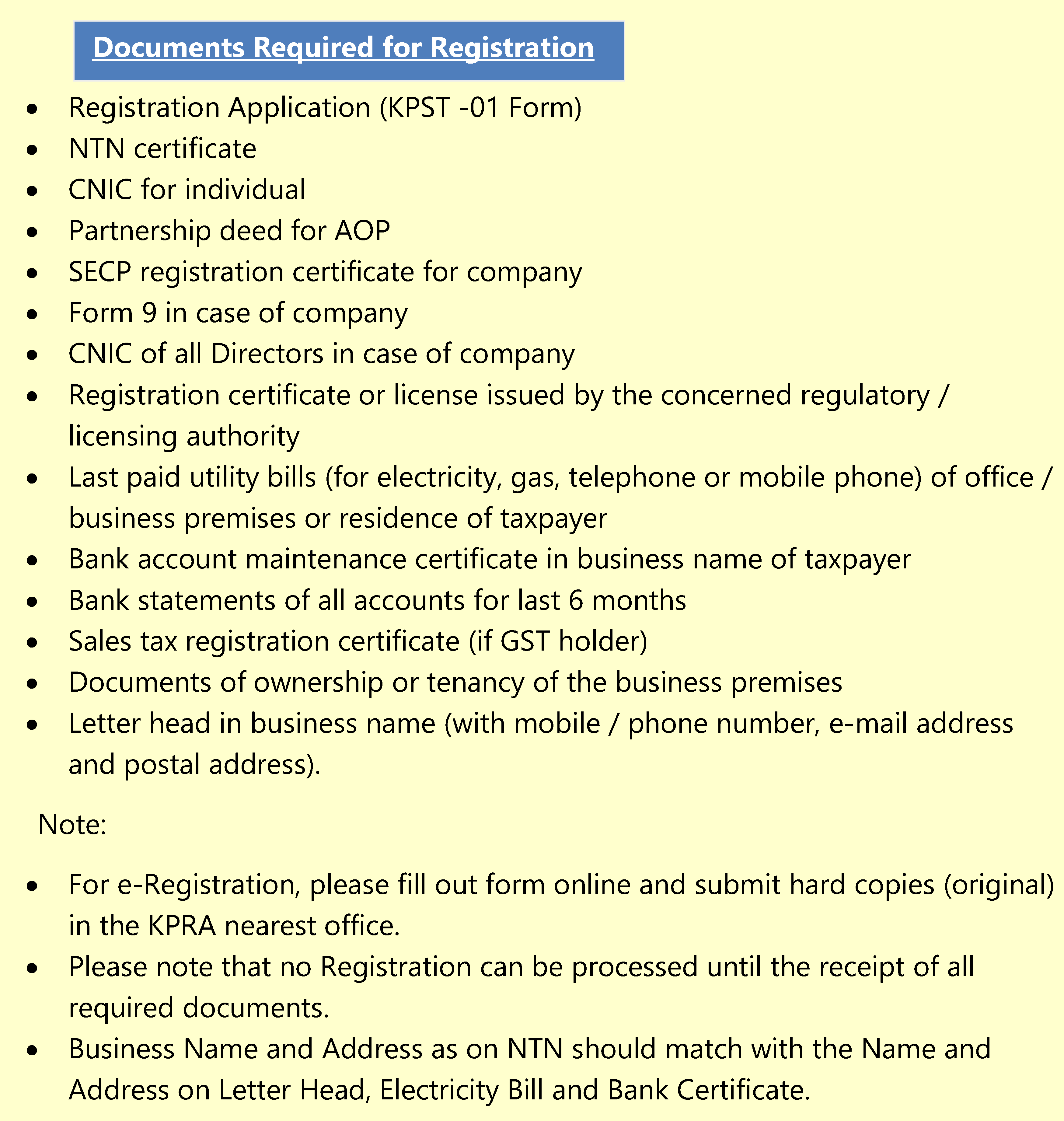 Documents Required for KPRA Registration