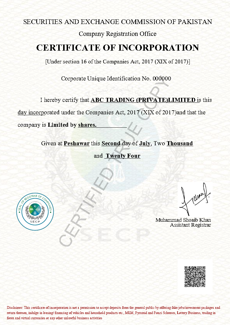 Incorporation Letter Certified True Copy CTC