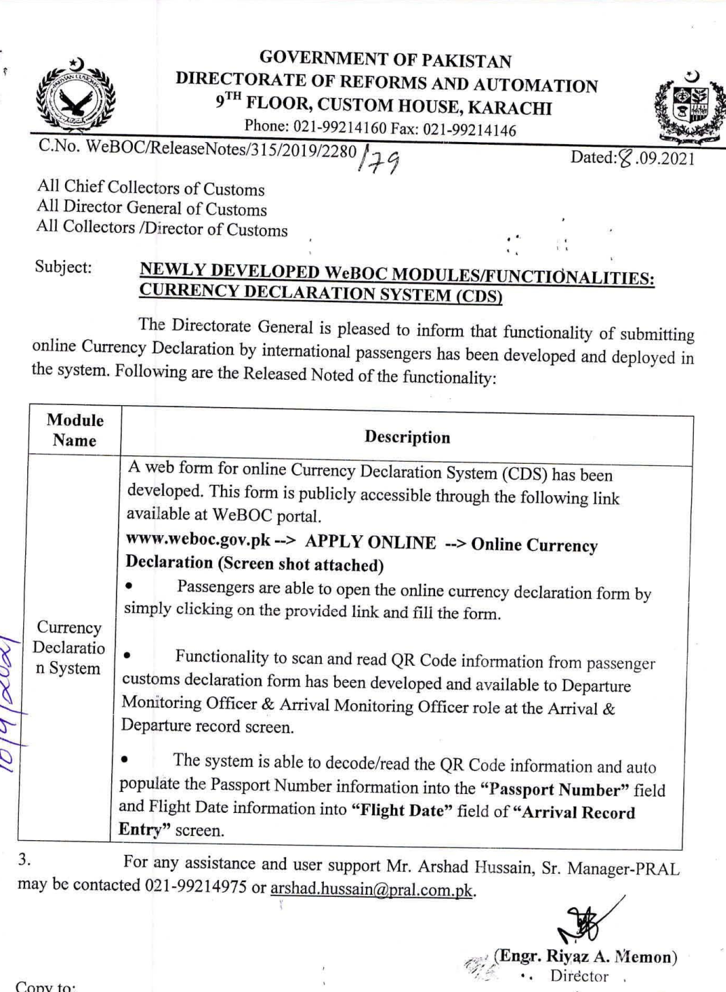 New WEBOC modulesfeatures for Currency Declaration System (CDS)