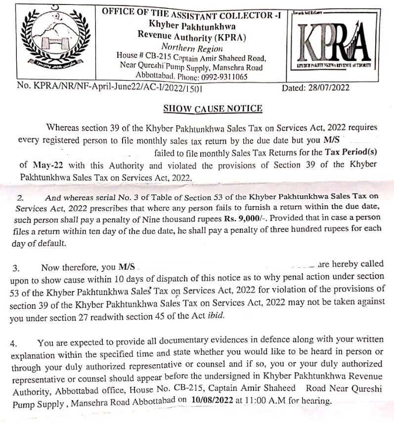 Show Cause Notice for non filing of KPRA sales tax returns