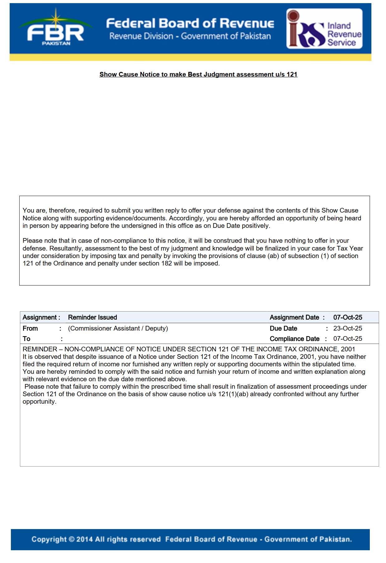 Show Cause Notice to make Best Judgment assessment us 121