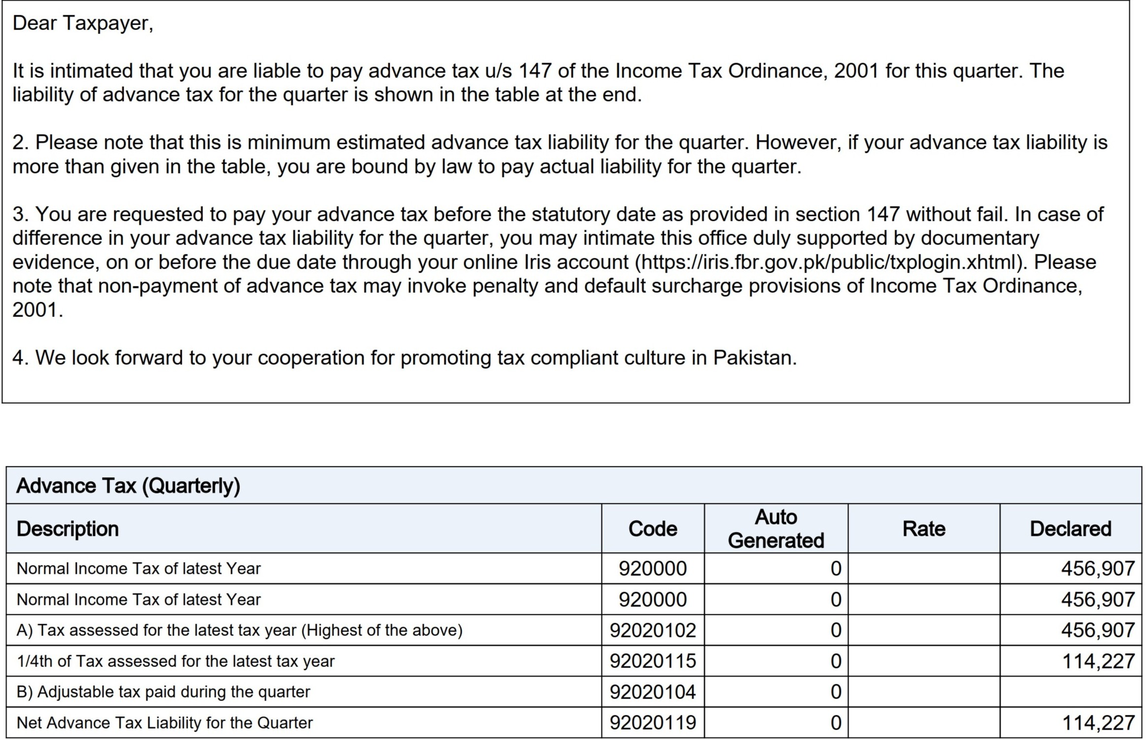 advance tax notice of individual