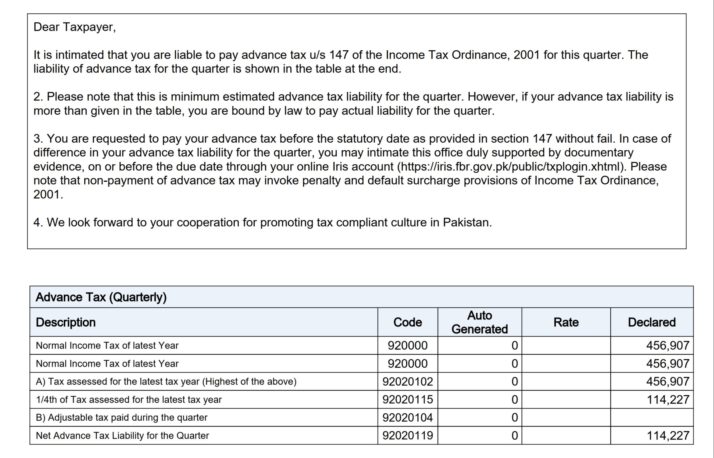 advance tax notice of individual