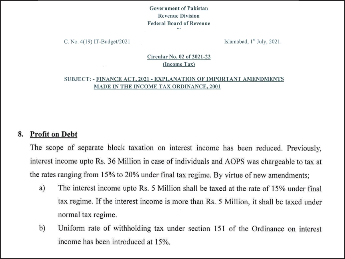 profit on debt above RS. 5 million will be taxed under normal tax regime