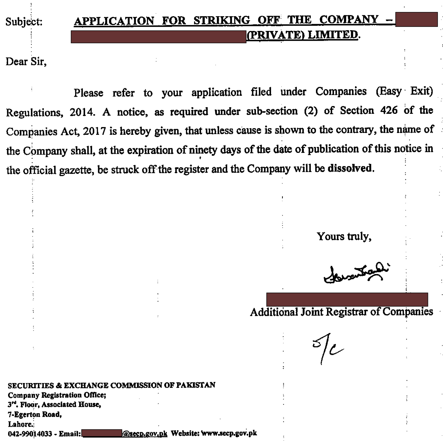 Approval letter of Application of company winding up