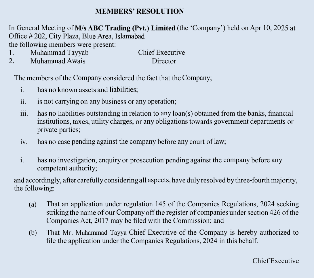 Board Members Resolution For company winding up