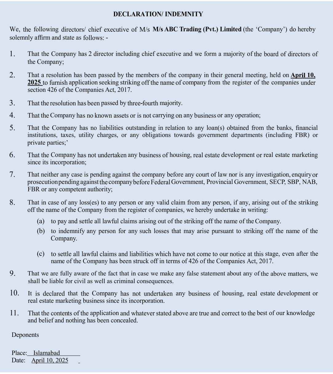 Declaration for company winding up