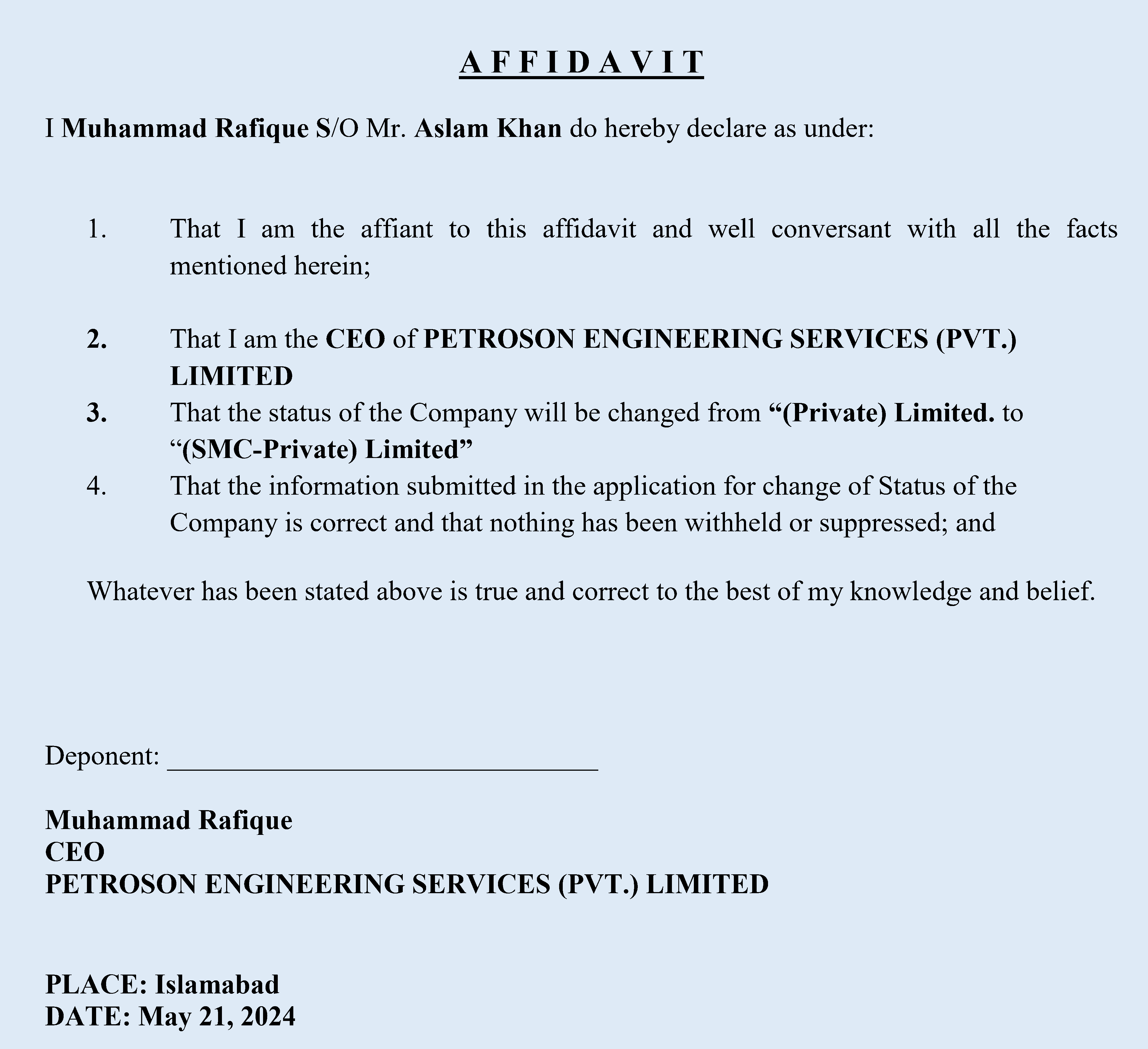 AFFIDAVITT on Stamp paper of Rs. 100) for company status conversion