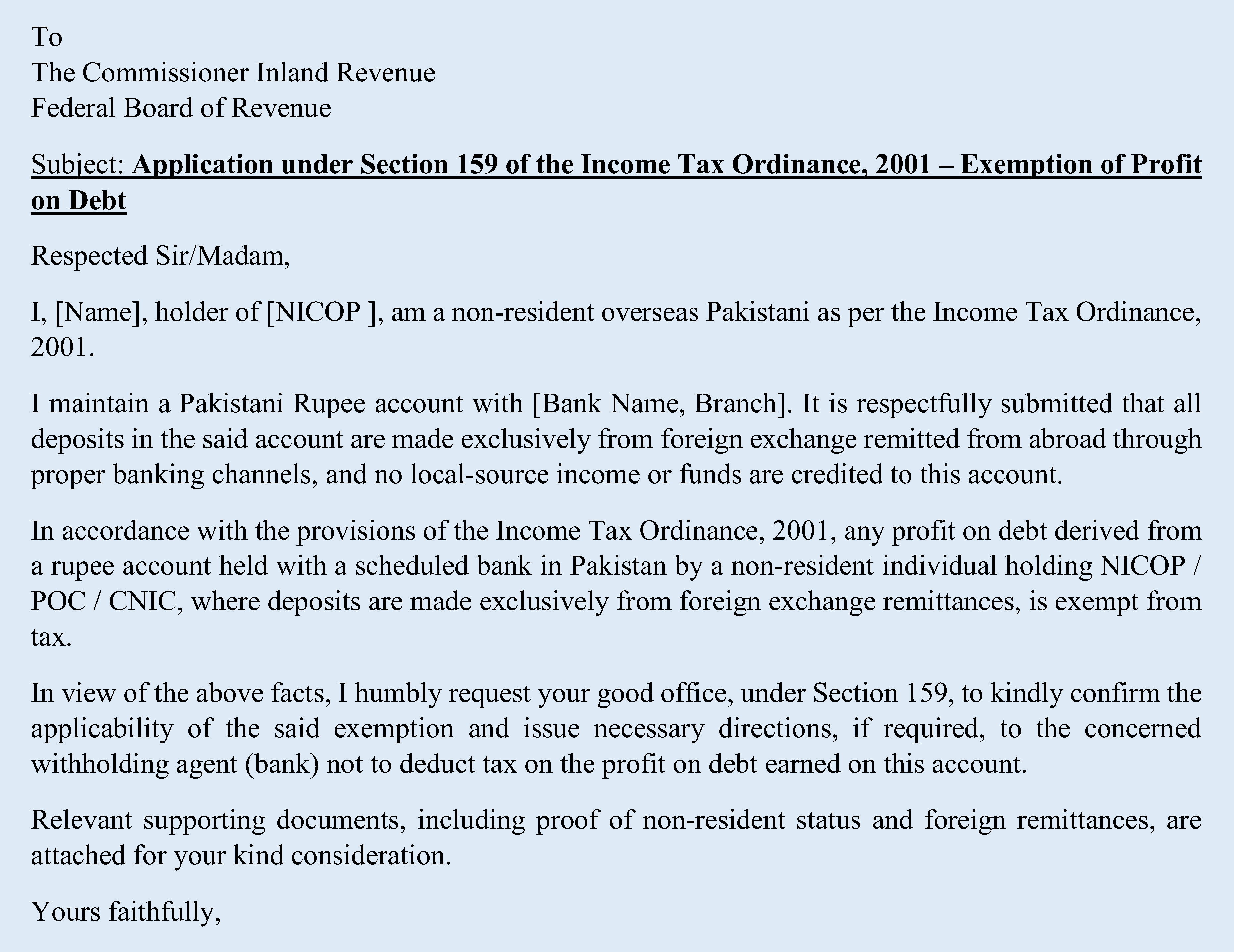 Applicationfor Claiming Tax Exemption on Bank Profits for Overseas Pakistanis