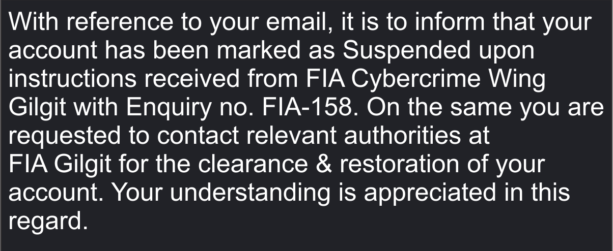 Notice stating account suspended on FIA Cybercrime Wing Gilgit instructions, advising contact for clearance