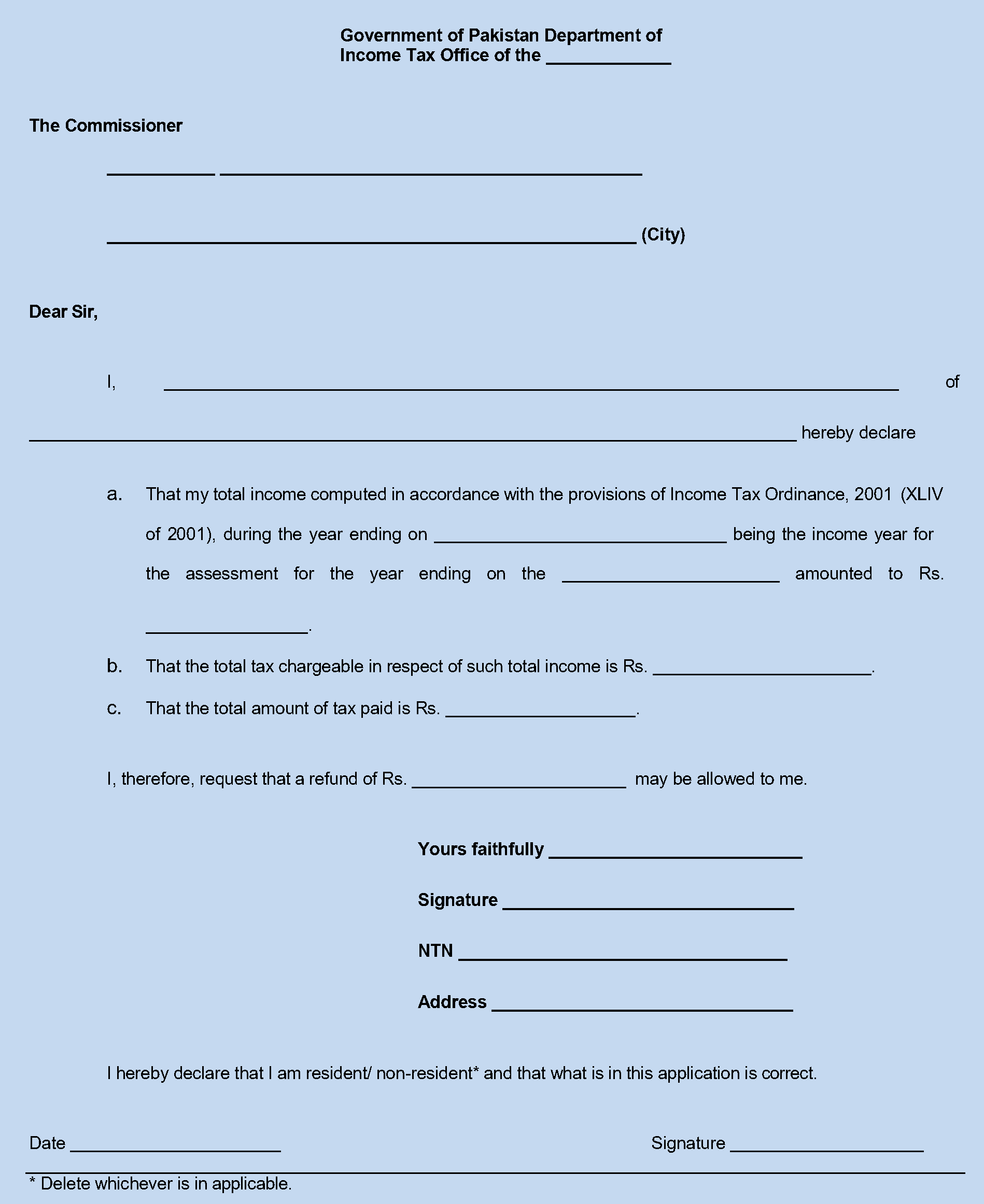 Refund Applicaton for Income Tax FBR