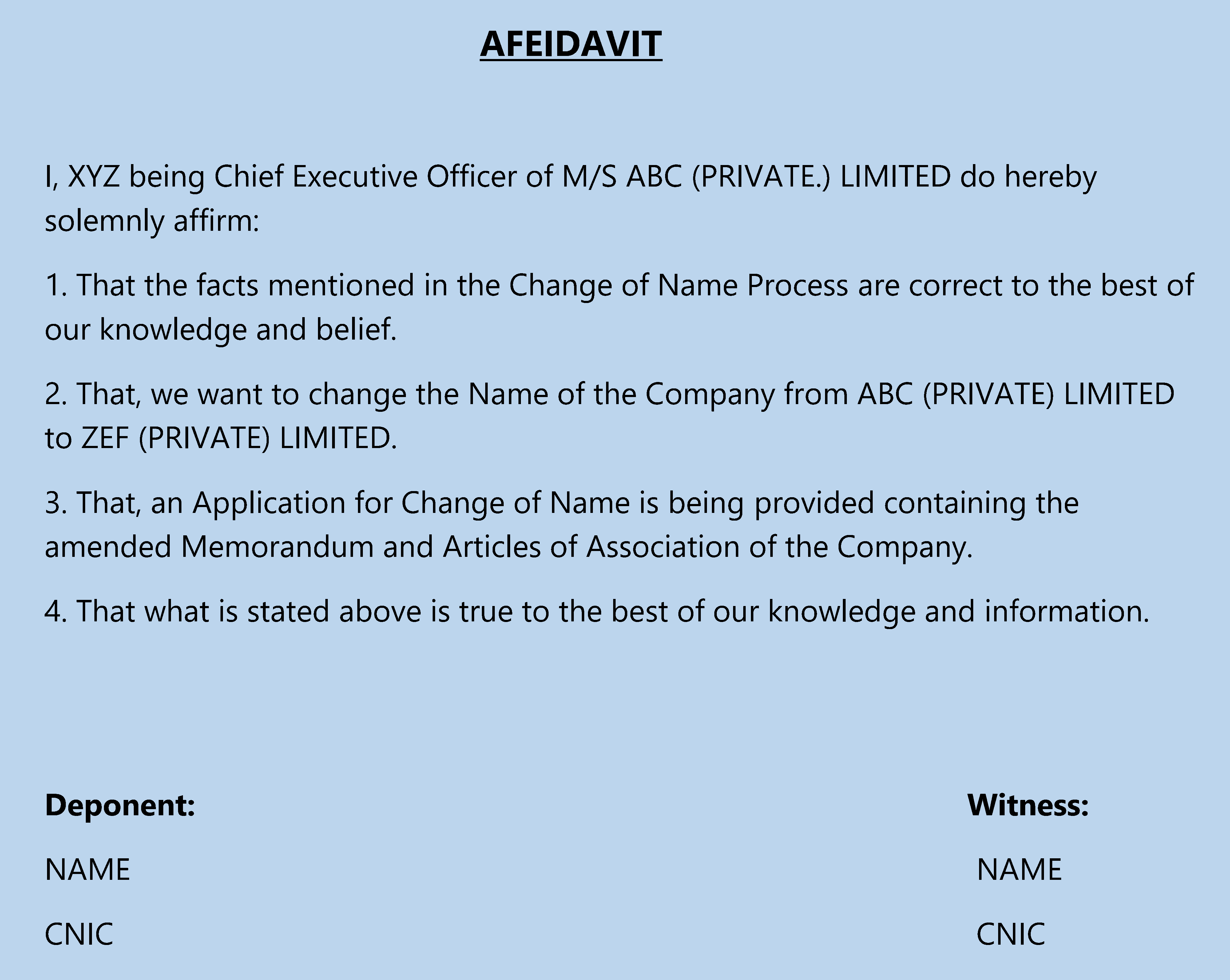 Affidavit for chnage in company name
