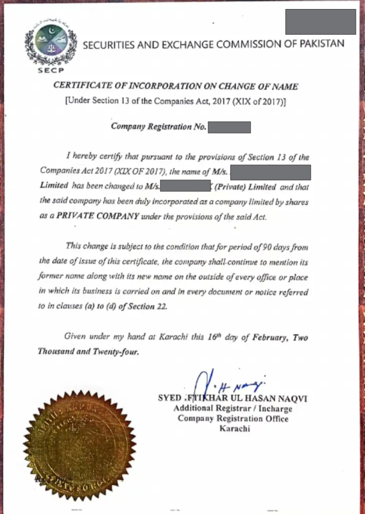CERTIFICATE OF INCORPORATION ON CHANGE OF NAME