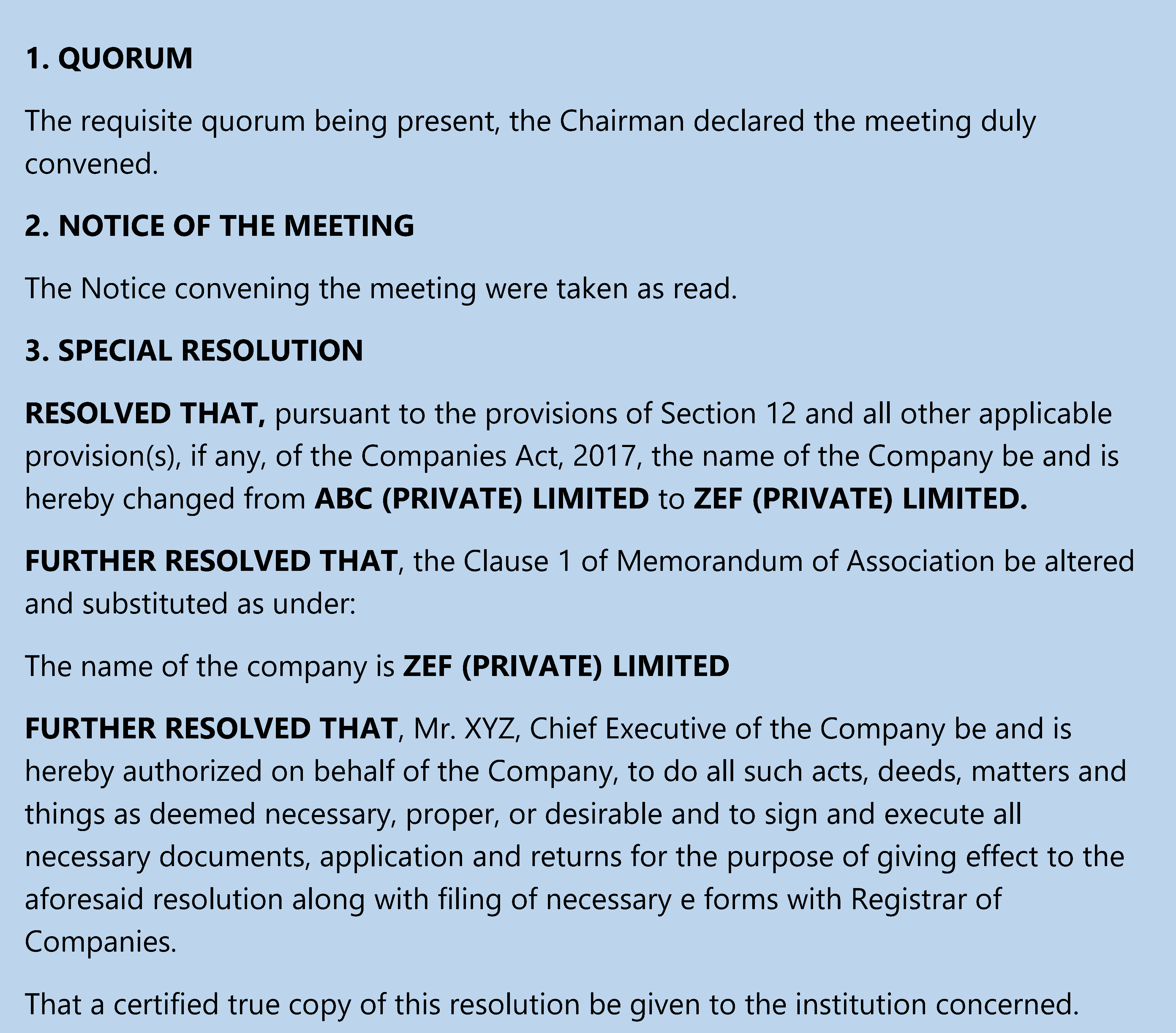 Special Resolution for chnage in company name