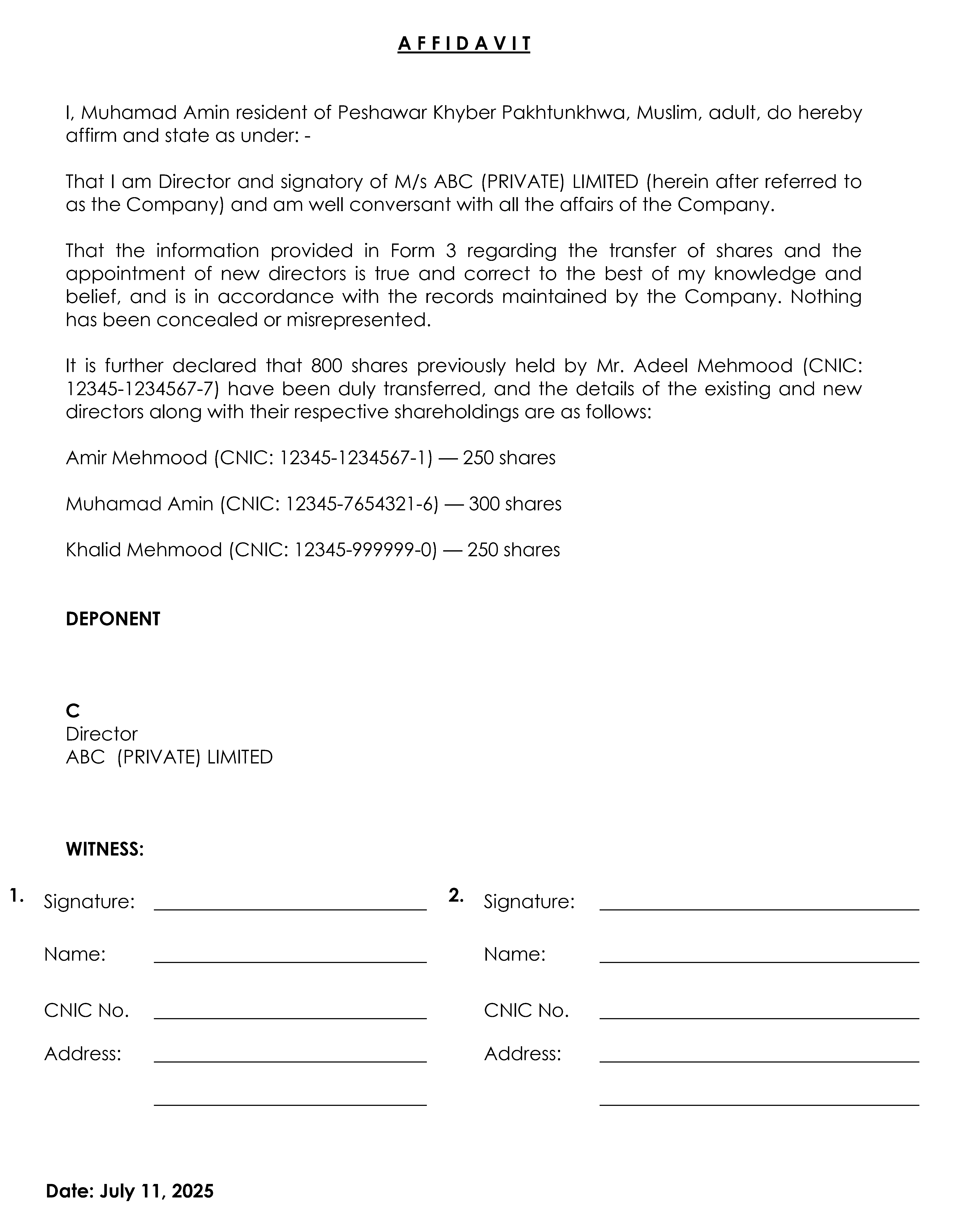 Affidavit regarding the transfer of shares and the appointment of new directors