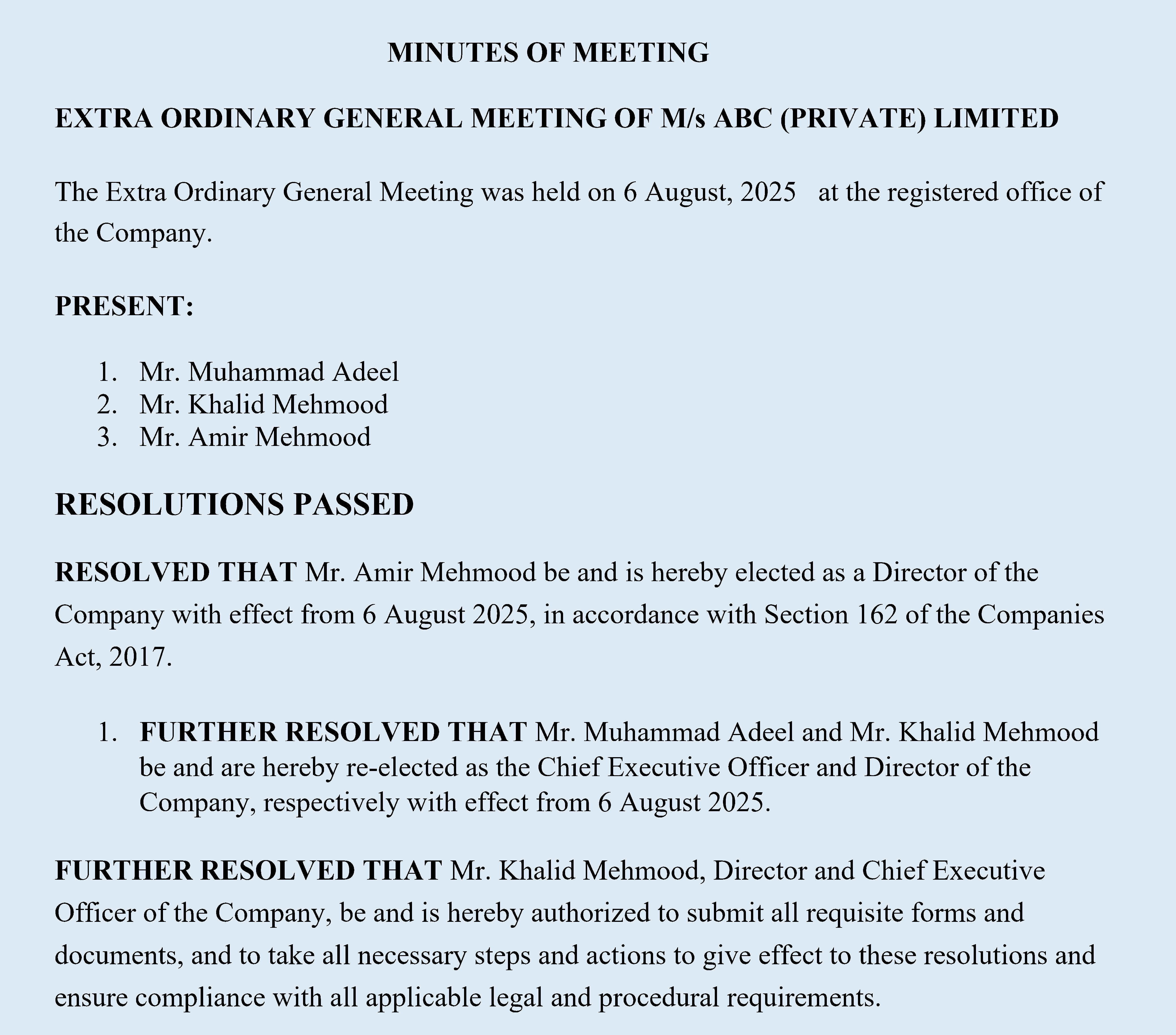 Minutes Of Meeting Extra Ordinary General Meeting For Fresh Election Of Directors