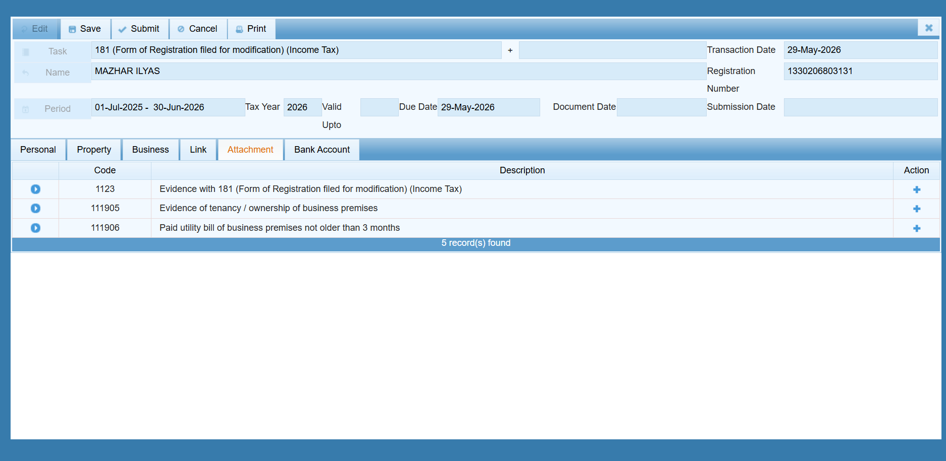 Documents Required for 181 (Form of Registration filed for modification) (Income Tax)